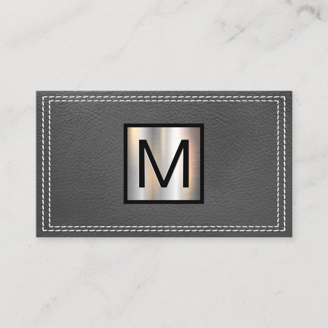 Carte De Visite Monogramme métallique | Cuir gris pointu double (Devant)