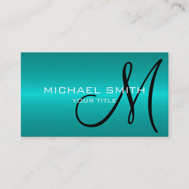 Carte De Visite Monogramme métallique en acier inoxydable Cyan (Devant)