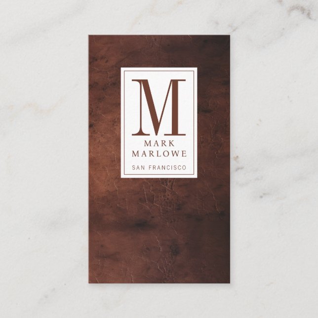 Carte De Visite Monogramme minimal Tissu en cuir Brown foncé (Devant)