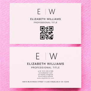 Carte De Visite Monogramme minimaliste de code QR rose vif