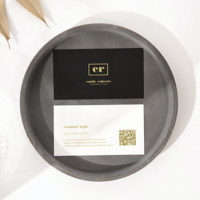 Carte De Visite Monogramme minimaliste Lin Noir Typographie Or (Créateur téléchargé)