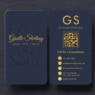Carte De Visite Monogramme minimaliste Marine Blue Gold QR Busines
