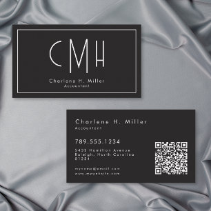 Carte De Visite Monogramme Minimaliste Moderne Noir QR Professionn