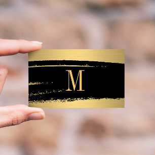 Carte De Visite Monogramme minimaliste moderne sur noir/or brossé