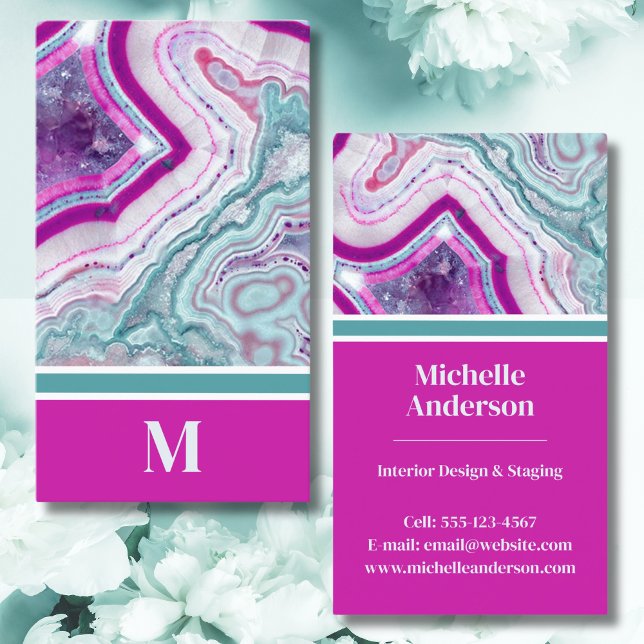Carte De Visite Monogramme moderne Agate (Chic Modern Monogram Initial Teal Magenta Stone Business Card)