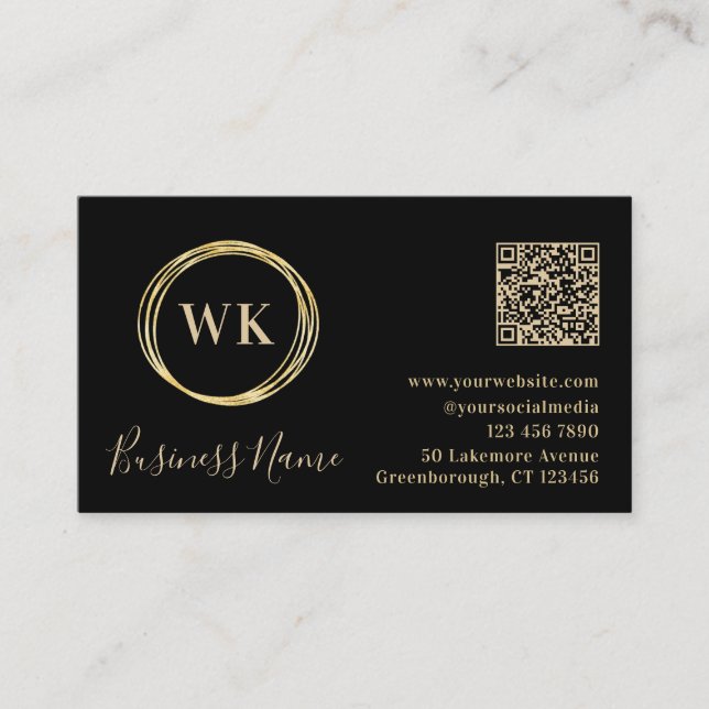Carte De Visite Monogramme moderne Black Gold QR Code (Devant)