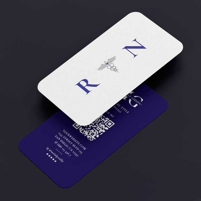 Carte De Visite Monogramme moderne bleu foncé RN Caduceus Infirmiè (Modern Monogram Dark Blue RN Caduceus Travel Nurse Business Card
)