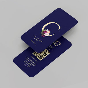 Carte De Visite Monogramme moderne C Floral Midnight Blue Gold