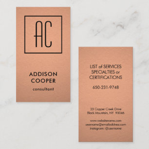 Carte De Visite Monogramme moderne Cuivre Faux Foil & Black Vertic
