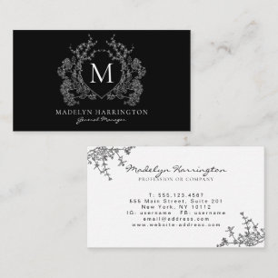 Carte De Visite Monogramme moderne de crête florale noire et blanc