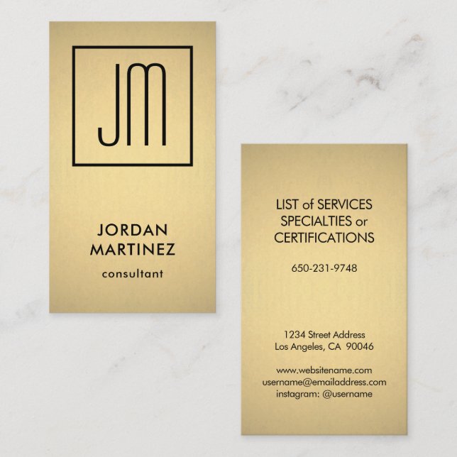 Carte De Visite Monogramme moderne Elégant Faux Gold Foil & Black (Devant / Derrière)