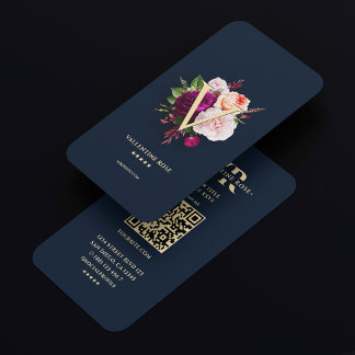 Carte De Visite Monogramme moderne Elégant initial Floral Navy Ble