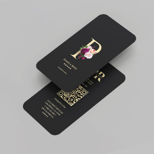 Carte De Visite Monogramme moderne élégant P Floral Black Gold