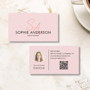 Carte De Visite Monogramme moderne élégant Photo QR Blush Pink