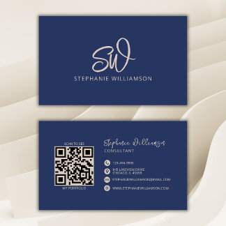 Carte De Visite Monogramme moderne élégant QR Code Marine minimale