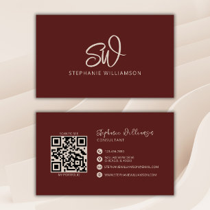 Carte De Visite Monogramme moderne élégant QR Code minimal brique 