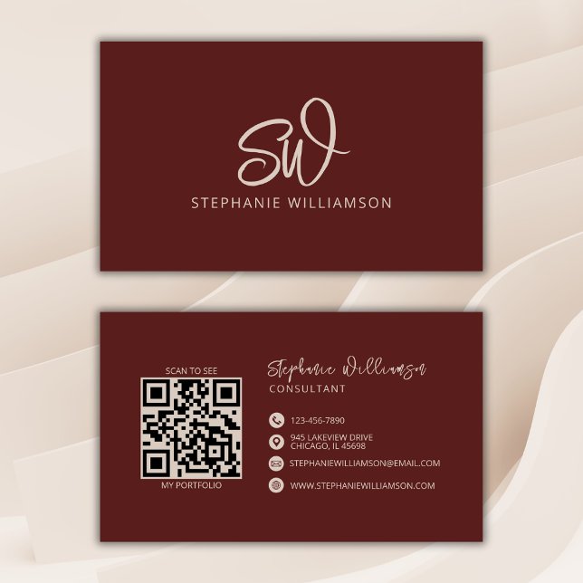 Carte De Visite Monogramme moderne élégant QR Code minimal brique  (Créateur téléchargé)