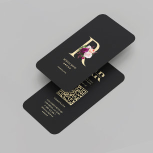 Carte De Visite Monogramme moderne élégant R Floral Black Gold