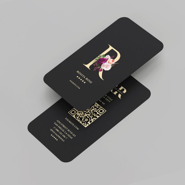 Carte De Visite Monogramme moderne élégant R Floral Black Gold (Modern Elegant Monogram R Floral Black Gold Business Card
)