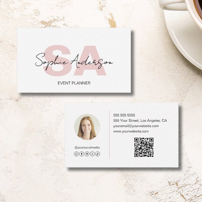 Carte De Visite Monogramme moderne élégant rose blanc (Modern Elegant Monogram White Pink Business Card)
