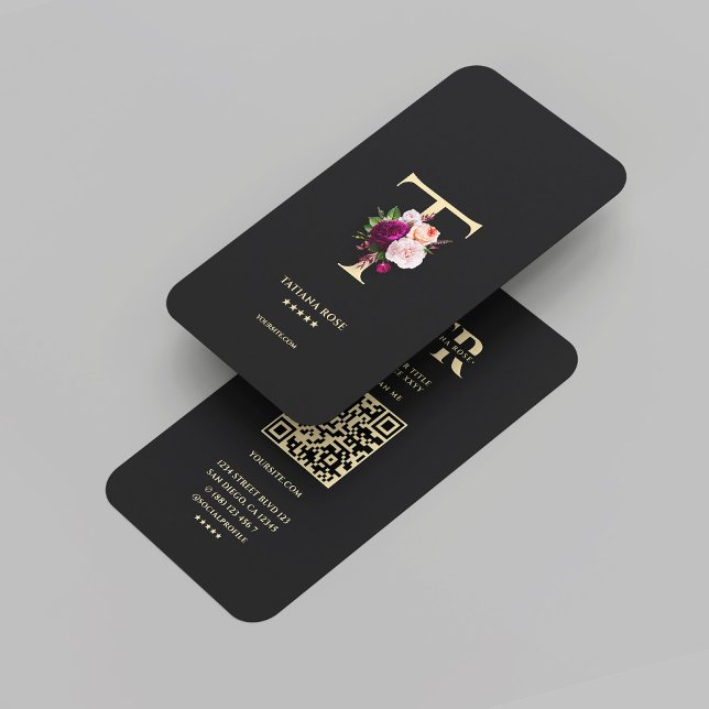 Carte De Visite Monogramme moderne élégant T Floral Black Gold (Modern Elegant Monogram T Floral Black Gold Business Card
)