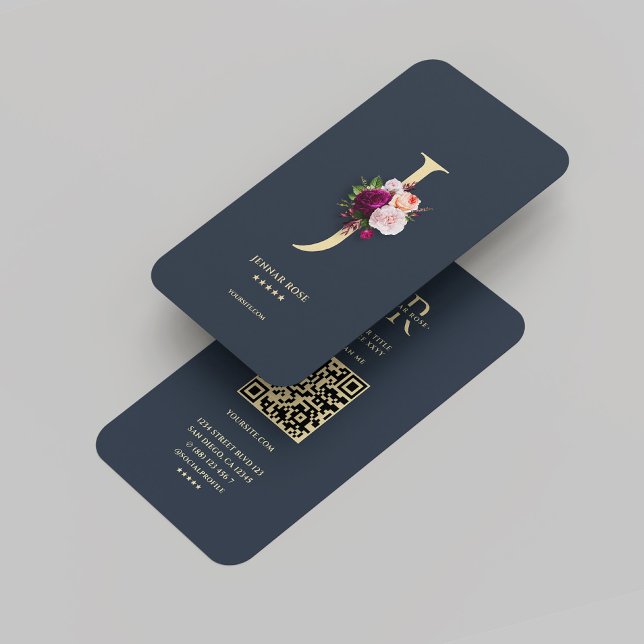 Carte De Visite Monogramme moderne J Floral Bleu foncé Or (Modern Monogram J Floral Dark Blue Gold Business Card
)