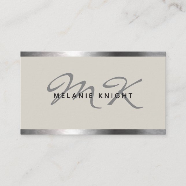 Carte De Visite Monogramme moderne Limite de bordure en argent (Devant)