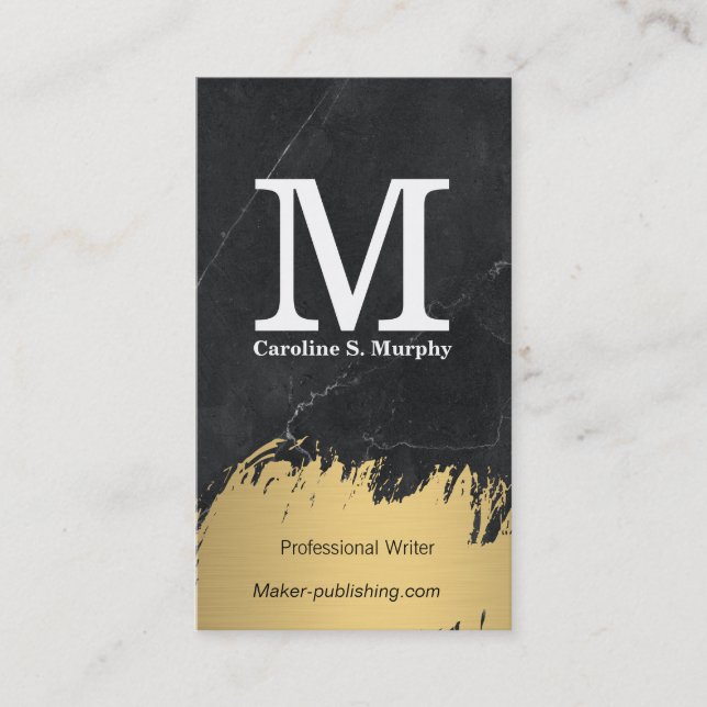 Carte De Visite Monogramme moderne | Marbre noir | Or brossé (Devant)