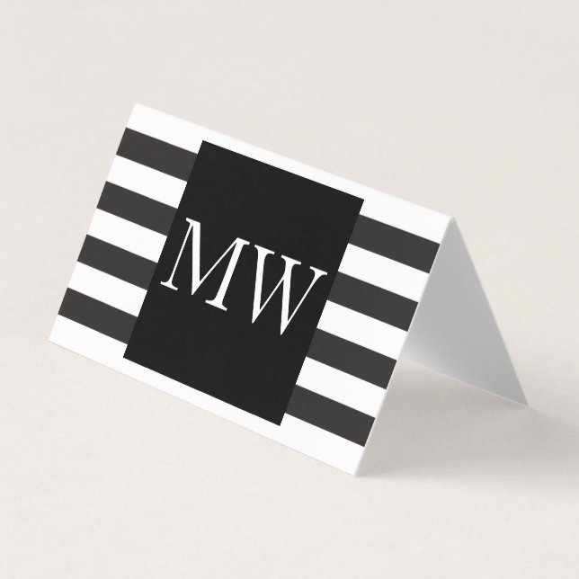 Carte De Visite Monogramme moderne noir blanc rayures (Devant)