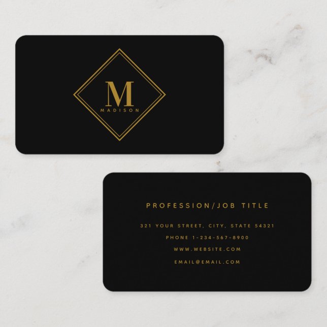 Carte De Visite Monogramme moderne Noir Or Luxe (Devant / Derrière)