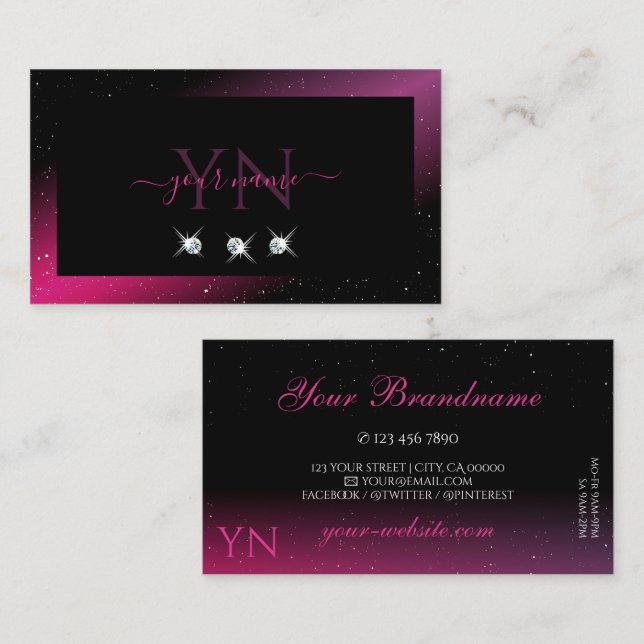 Carte De Visite Monogramme moderne noir rose violet étincelant dia (Devant / Derrière)