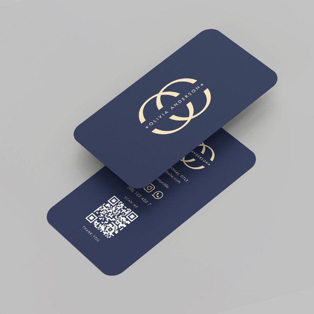 Carte De Visite Monogramme moderne O Logo Professional Dark Blue (Modern Monogram O Logo Elegant name initial Professional Dark Blue gold QR code Business Card
)
