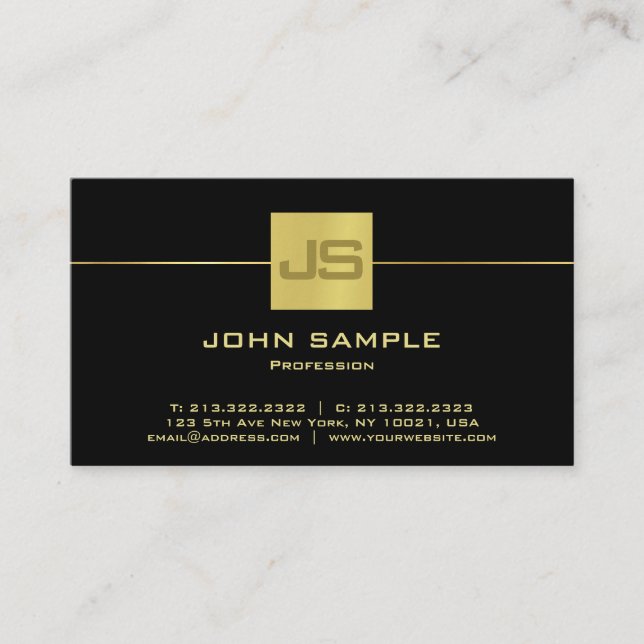 Carte De Visite Monogramme Moderne Professionnel Élégant Noir Or (Devant)