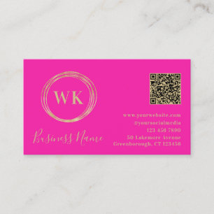 Carte De Visite Monogramme moderne QR Code Hot Pink Or