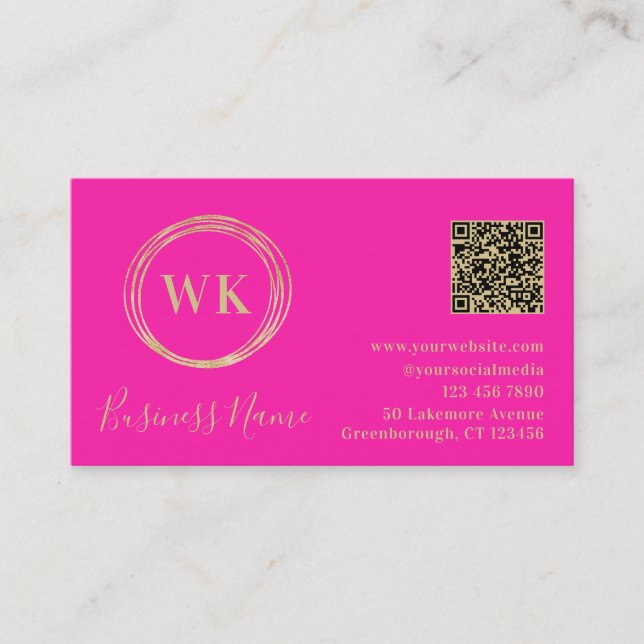 Carte De Visite Monogramme moderne QR Code Hot Pink Or (Devant)