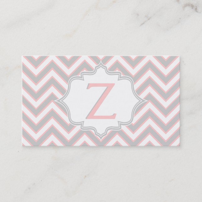 Carte De Visite monogramme moderne rose, gris chevron personnalisé (Devant)