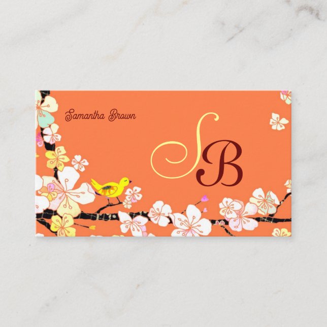 Carte De Visite Monogramme moderne Sakura Bird (Devant)