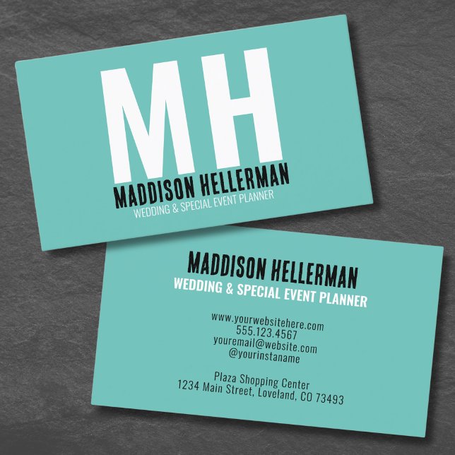 Carte De Visite Monogramme moderne Turquoise simple (Simple Stylish Teal Modern Monogram Business Card )