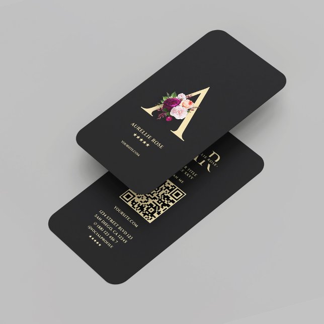 Carte De Visite Monogramme moderne Un noir floral élégant (Modern Monogram A Elegant Floral Black Gold Business Card
)