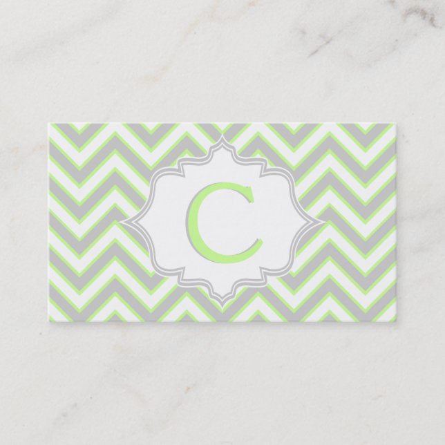Carte De Visite monogramme moderne vert citron vert, gris chevron (Devant)