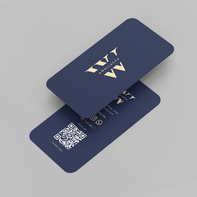 Carte De Visite Monogramme moderne W Initiale Professionnelle Bleu (Modern Monogram Logo W Initial Professional Marketing QR Dark Blue Gold Business Card
)