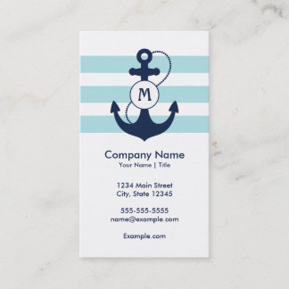 Carte De Visite Monogramme nautique bleu d'Ancre