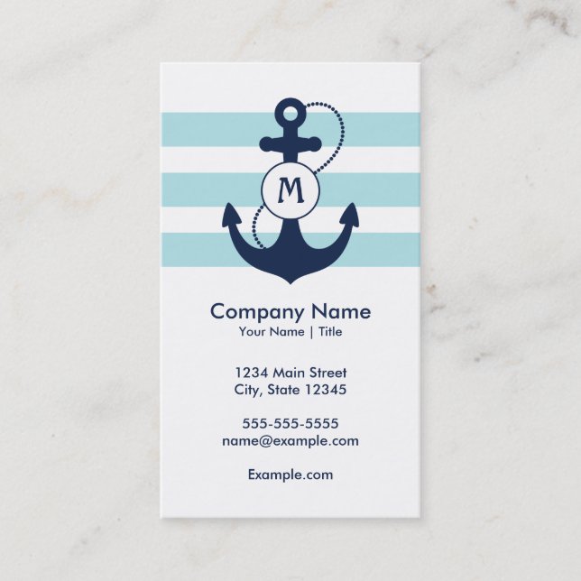 Carte De Visite Monogramme nautique bleu d'Ancre (Devant)