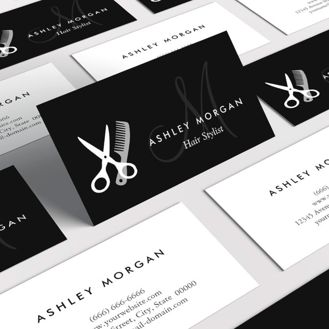Carte De Visite Monogramme noir blanc - Coiffeuse Salon (Créateur téléchargé)