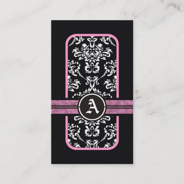 Carte De Visite monogramme noir blanc damassé rose (Devant)