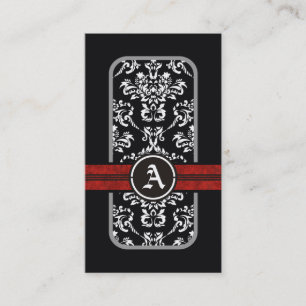 Carte De Visite monogramme noir blanc damassé rouge bande