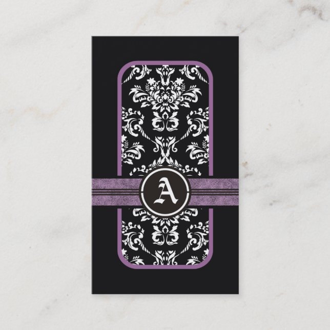 Carte De Visite monogramme noir blanc damassé violet bande (Devant)