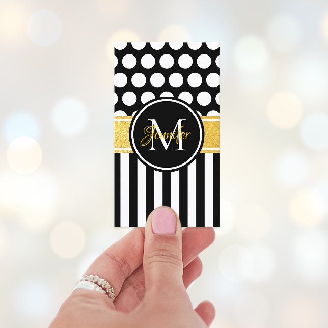 Carte De Visite Monogramme noir blanc pointé Polka or (Monogram Modern Color Block Style Business Card)