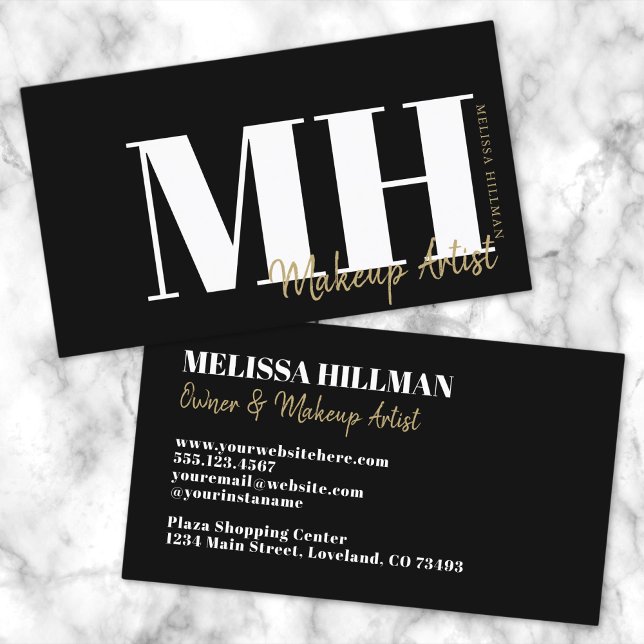 Carte De Visite Monogramme noir élégant et simple de professionnel (Professional Simple Modern Black Gold Monogram Business Card)