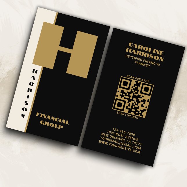 Carte De Visite Monogramme noir minimal moderne Code QR vertical (Fully editable to reflect your business branding.)